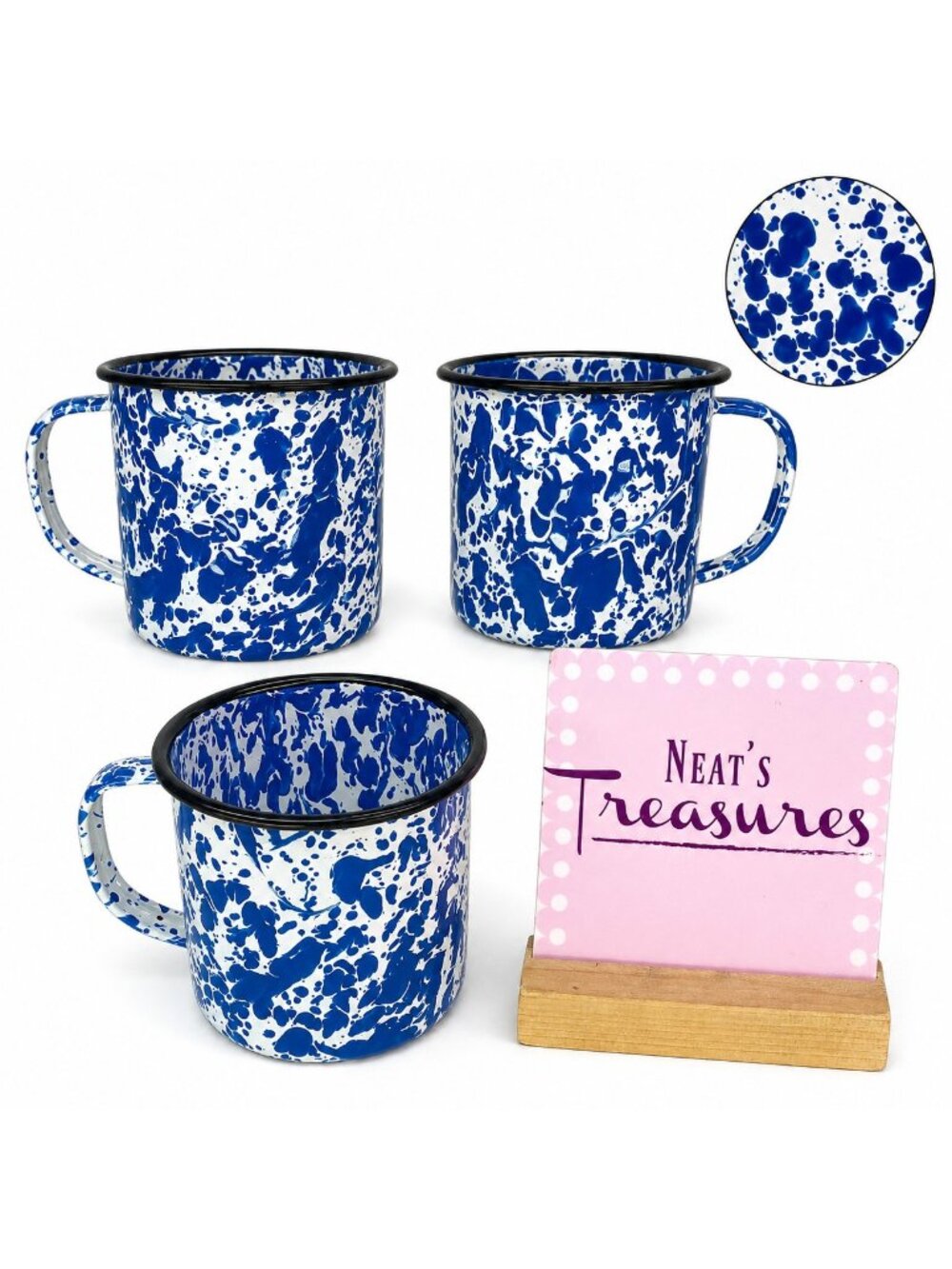 CSG International BLUE SPATTERWARE White Enamelware 12oz Camping Cups Mugs Set 3